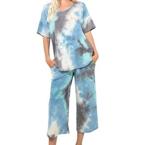 Women's Plus Size Two Piece Lounge Set, Blue and Charcoal - Size 1X, 2X and 3X